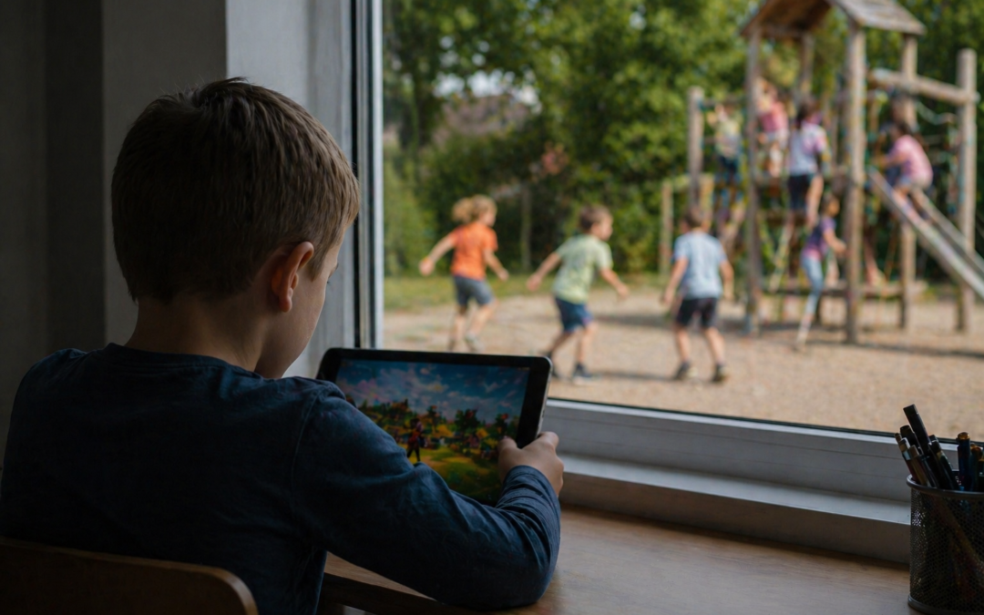 binnen zitten ipad - buiten spelende kinderen